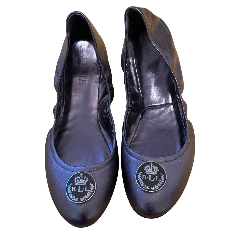 Lauren Ralph Lauren Metallic Pewter Lthr Scrunch Ballet Flats Silver Crest‎ 10B